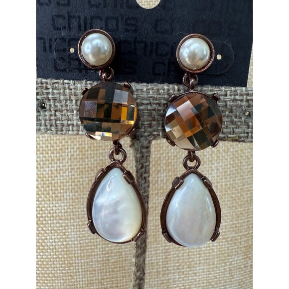 Chicos Brown Queens Royal Jewels Dangle Earrings With Faux Pearls & Faceted Gems - Picture 2 of 11